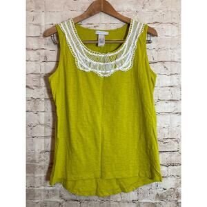 Liz Wear Tank Top Womens‎ XL Pea Green Crochet Trimmed Neck Cotton Stretch Cami